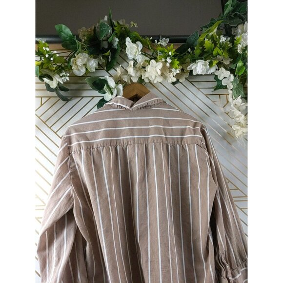 OAK FORT Women's Tan White Striped Button Up Blouse Flare Sleeve Size OS - Picture 8 of 9